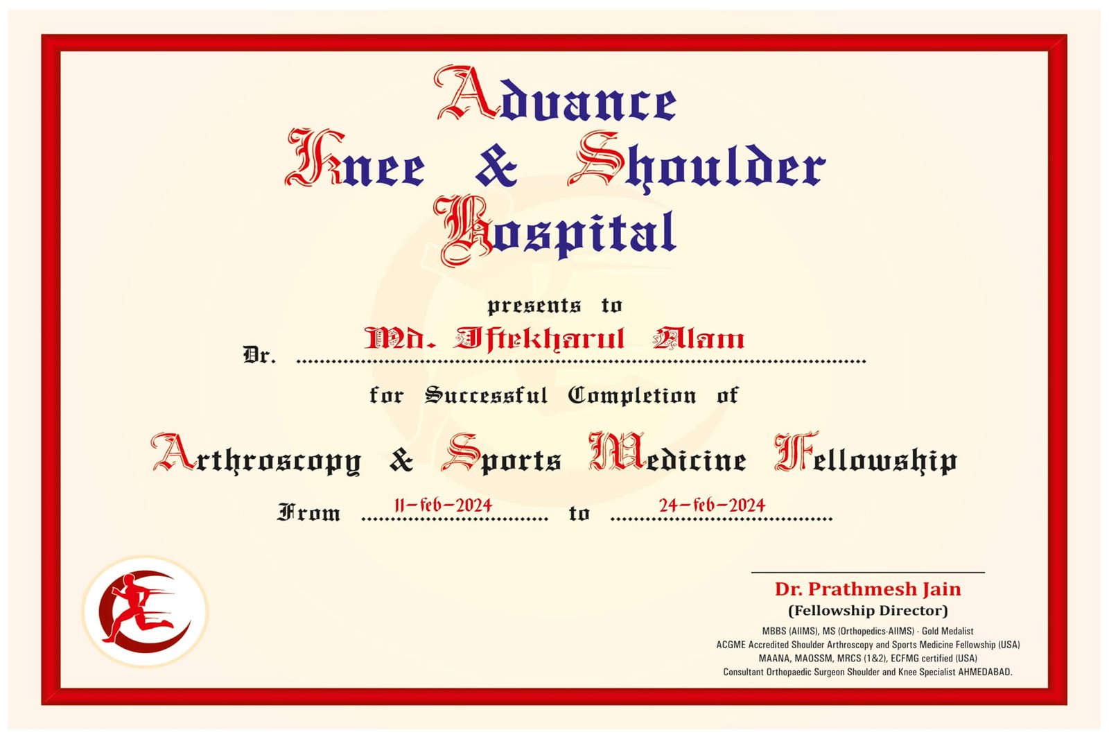 Advance Knee & Shoulder Hospital Presents to Dr. Iftekharul alam