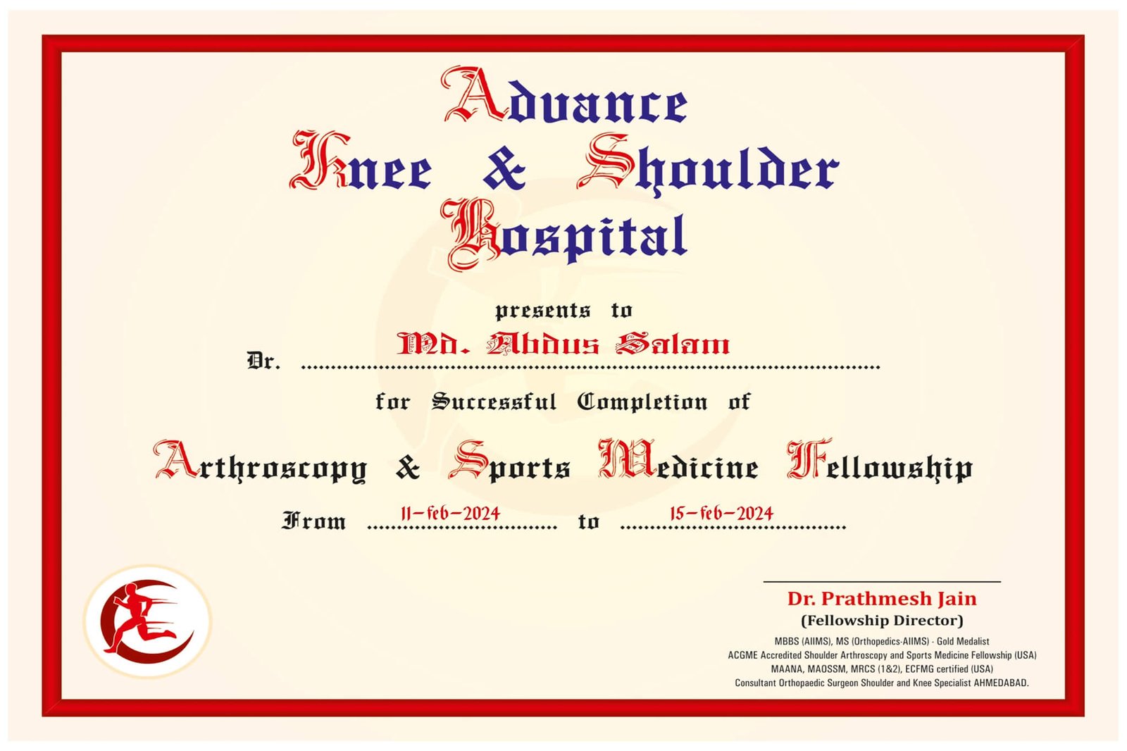 Advance Knee & Shoulder Hospital Presents to Dr. Md. abdus Salam