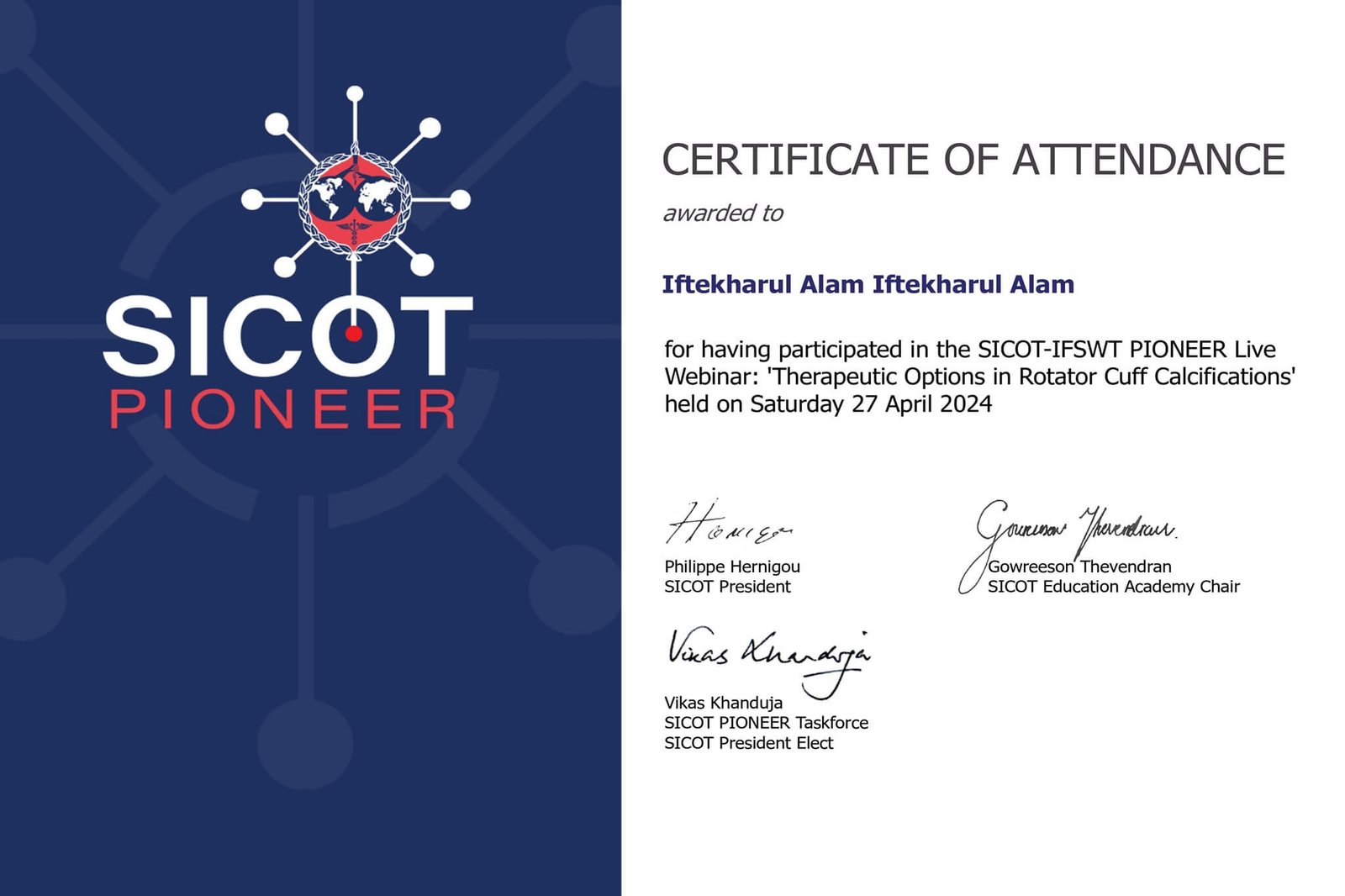 Certificate of Attendance - SICOT PIONEER Webinar 1