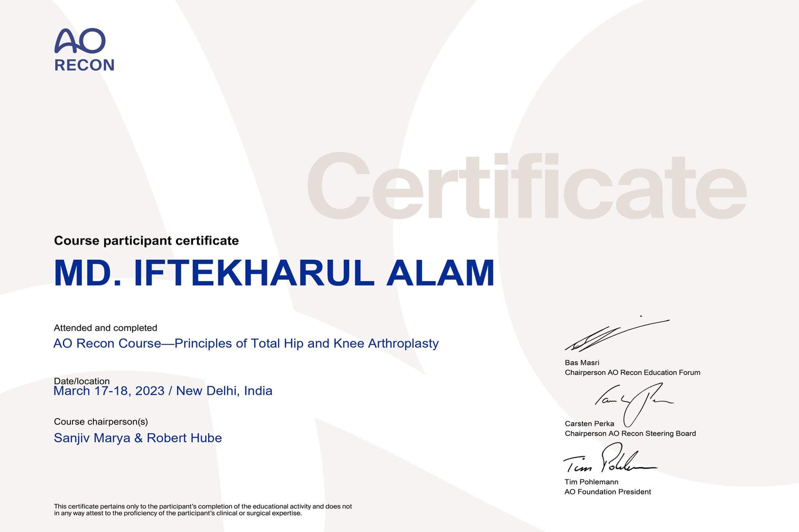 Course particioant certificate