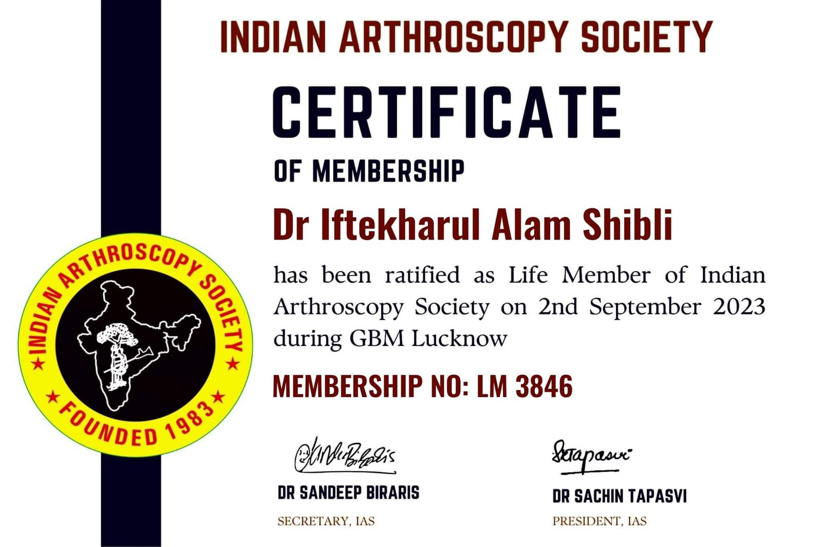 Indian arthroscopy society certificate of membership LM 3846