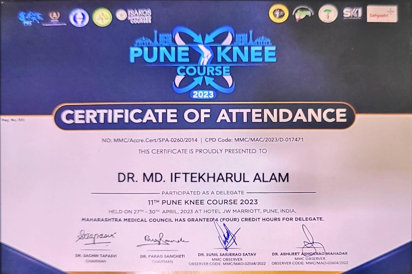 Pune knee course certificate of attendance